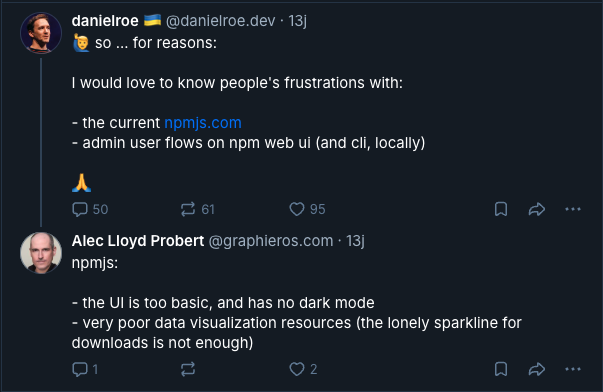 Daniel Roe Bluesky post gathering frustrations about npmjs.com