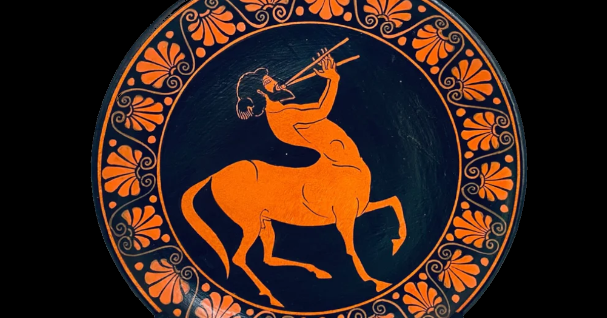 Ancient greek plate picturing a centaur playing a flute