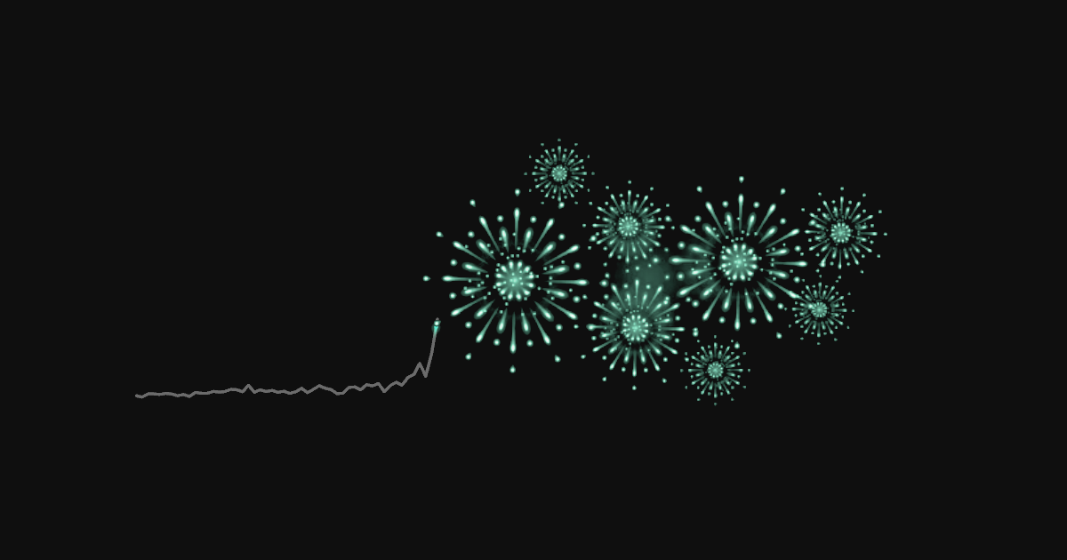 A sparkline chart growing towards exploding green fireworks