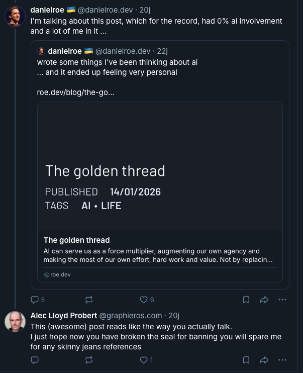 Me replying with skinny jeans to a very serious post from Daniel Roe